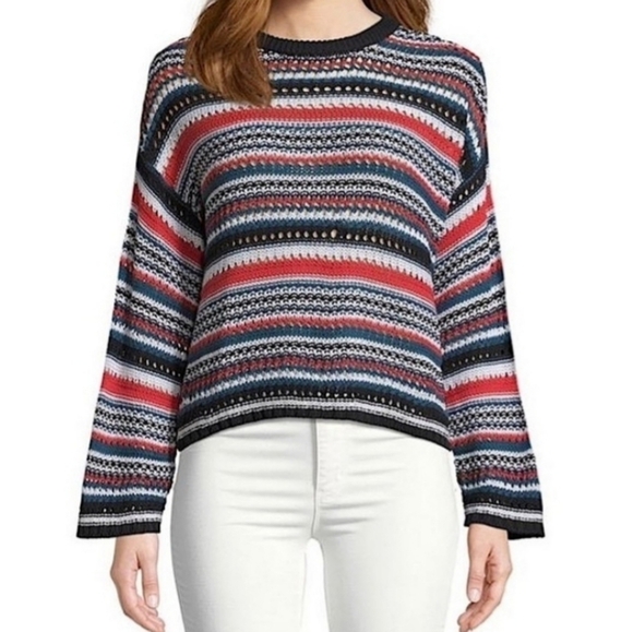 BB Dakota Crew Neck Striped Open Knit Crew Neck Sweater Sz: L BlkWhiteRedBlue - Picture 1 of 10